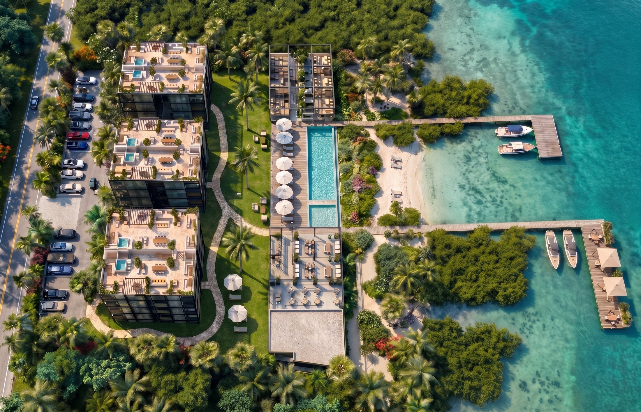 Artist's impression of The Oaks from above: three residence buildings by the road, gardens, The Club and pool, and two piers out over the lagoon